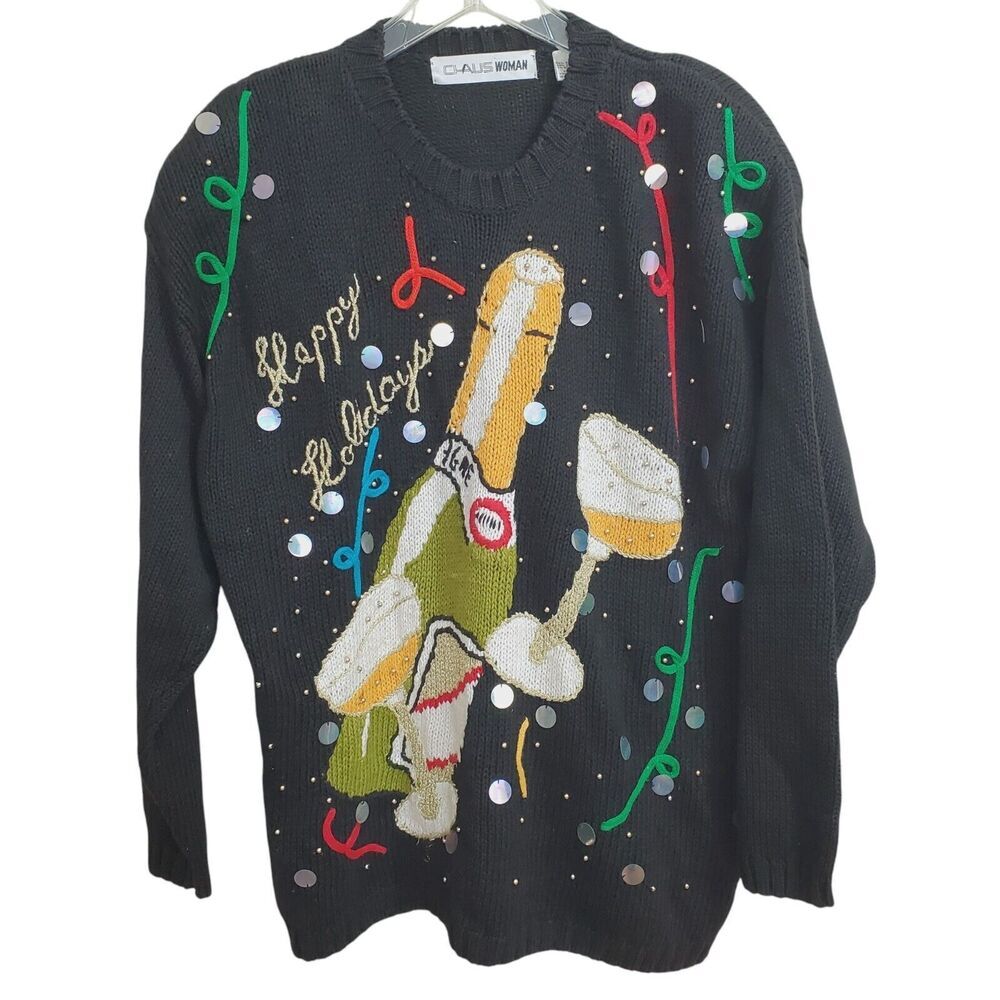 Vintage Chaus Woman 2x Champagne Bottle New Year Theme Sweater Happy Holidays